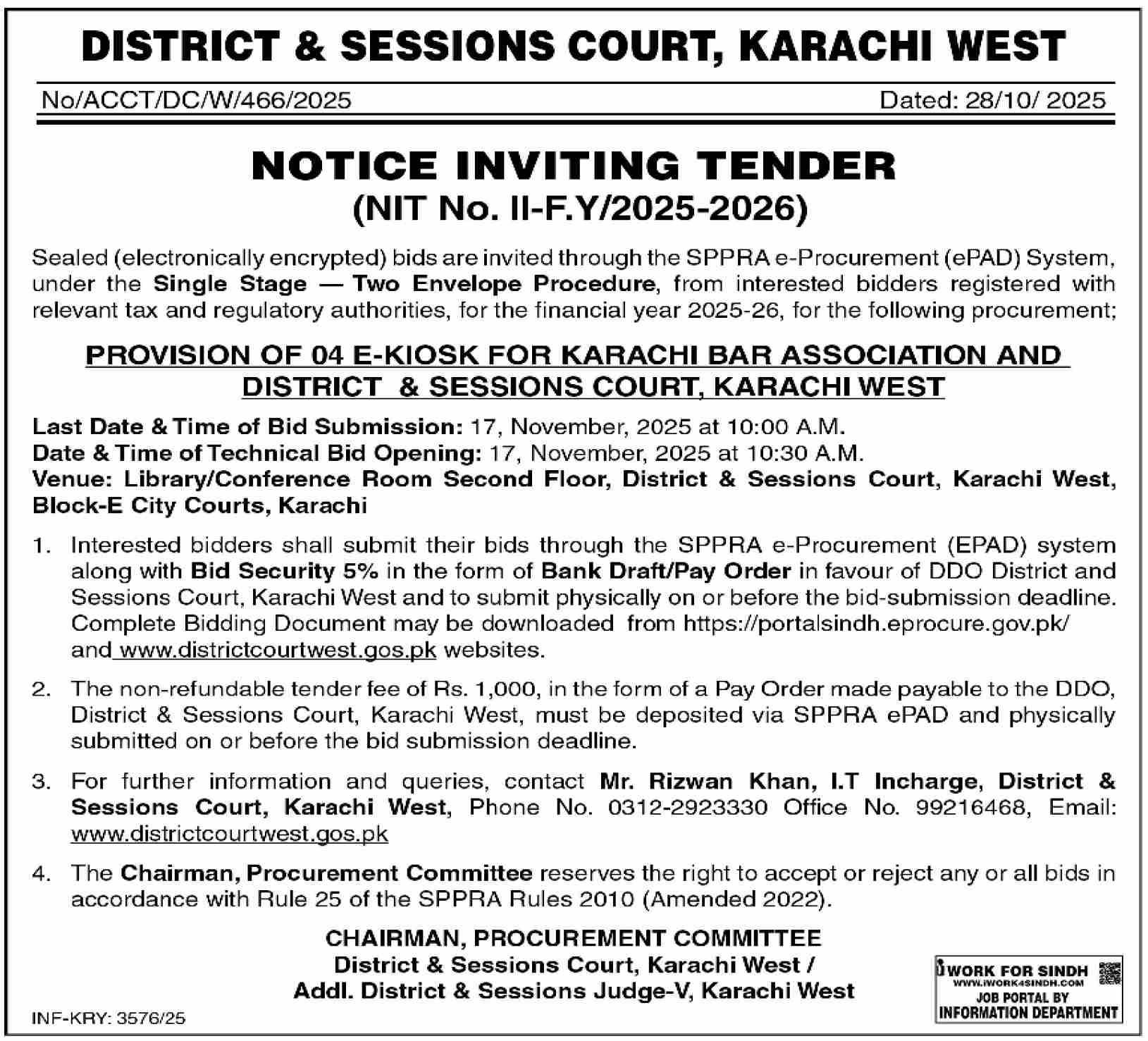 District & Session Court Karachi Tender Notice